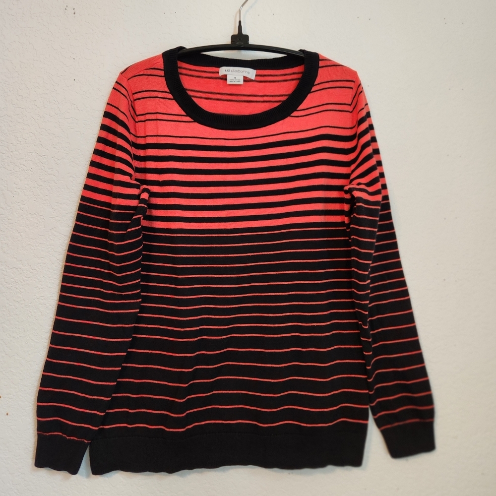 Liz Claiborne‎ Coral Red and Black Variegated Striped Sweater, Size M